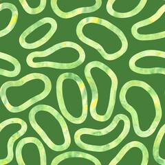 Watercolor yellow-green rings and ellipses on green background. Seamless pattern. Hand-painted texture. Watercolor stock illustration. Design for backgrounds, wallpapers, textile, covers and packaging