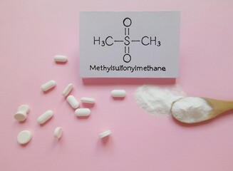 Structural chemical formula of methylsulfonylmethane (MSM or dimethyl sulfone) molecule with white...