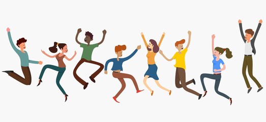 Diverse group of happy people jumping. Cheerful multinational and multiracial people celebrating together. Flat vector winning characters. vector illustration