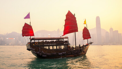 Hong kong traditional wooden chinese boat for tourist service in victoria harbor at sunset view from Kowloon side at Hong Kong