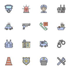Police service filled outline icons set, line vector symbol collection, linear colorful pictogram pack. Signs, logo illustration, Set includes icons as emergency rescue, policeman helmet, body armor