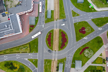 Aerial view of city center of Dabrowa Gornicza. Main roundabout. Upper Silesia. Poland.