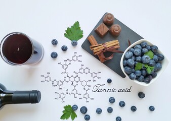Foods rich in tannins with structural chemical formula of tannic acid. Tannic acid is a specific...
