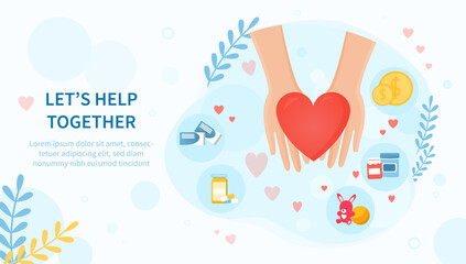 Lets Help Together concept with a red heart in helping hands surrounded by charitable donation icons with copy space for text, colored vector illustration