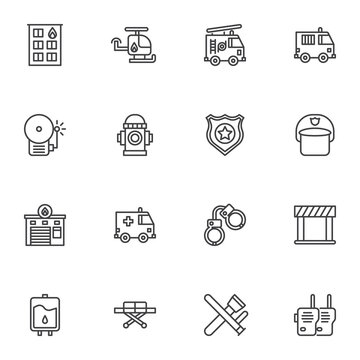 Emergency services line icons set, outline vector symbol collection, linear style pictogram pack. Signs, logo illustration. Set includes icons as police, firefighter, ambulance truck, fire alarm