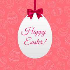 Happy Easter greeting card, banner template. White egg with lettering, isolated on pink seasmless background. Easter paper egg tags. Spring Shop market poster design. Vector illustration