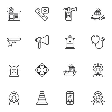 Emergency rescue line icons set, outline vector symbol collection, linear style pictogram pack. Signs, logo illustration. Set includes icons as police department, emergency call, support service call