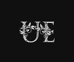 Vintage U, E  and UE Letter logo. Graceful Floral Flower Alphabet Mark for letter stamp, weeding card, brand name, Restaurant, Boutique, Hotel.