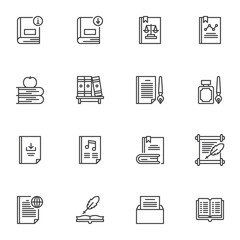 Scientific literature line icons set, outline vector symbol collection, linear style pictogram pack. Signs logo illustration. Set includes icons as bookshelf, law book, reading, writing, download book