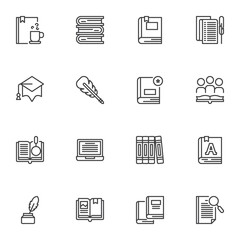 Book reading line icons set, literature outline vector symbol collection, linear style pictogram pack. Signs, logo illustration. Set includes icons as book stack, education, dictionary, e-book, write