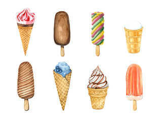 Watercolor illustration of ice cream on a white background