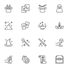 Magic related line icons set, outline vector symbol collection, linear style pictogram pack. Signs, logo illustration. Set includes icons as magic hat and wand, oil lamp, playing card trick, chest