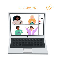 Distance education, e-learning in the period of quarantine. Nice vector flat illustration with children who communicate by video and discuss lessons. 