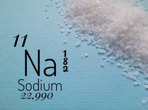 Sodium is a chemical element of the periodic table with the symbol Na and atomic number 11. The symbol Na with atomic data (atomic number, mass, electron configuration) and kitchen salt in background.