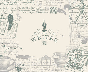 Writer workspace. Vector banner on a writers theme with sketches and place for text. Vintage artistic illustration with hand-drawn typewriter, books, handwritten scribbles and notes with ink blots
