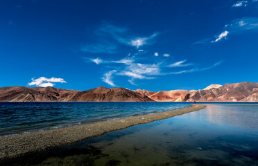 Fototapeta na wymiar Beautiful Pangong lake shot in summer daytime in ladakh, India