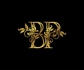 Luxury Gold letter B, P and BP Vintage decorative ornament letter stamp, wedding logo, classy letter logo icon.