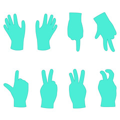 Set of silhouettes of medical gloves. Various gestures with palms.