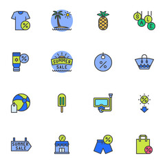 Summer seasonal sale filled outline icons set, line vector symbol collection, linear colorful pictogram pack. Signs, logo illustration, Set includes icons as clothing discount price tag, summer sale