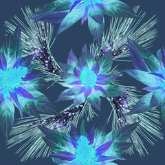 Fototapeta premium Tropical flowers with fir, seamless pattern.