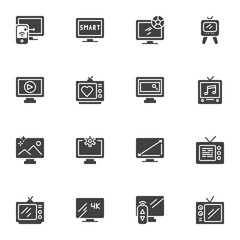 Television vector icons set, TV screen modern solid symbol collection, filled style pictogram pack. Signs, logo illustration. Set includes icons as computer monitor, retro tv, led, remote control