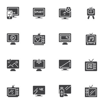Television vector icons set, TV screen modern solid symbol collection, filled style pictogram pack. Signs, logo illustration. Set includes icons as computer monitor, retro tv, led, remote control