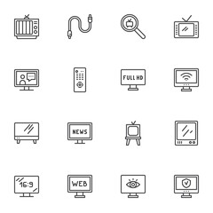 TV screen line icons set, outline vector symbol collection, linear style pictogram pack. Signs, logo illustration. Set includes icons as retro television antenna, modern display, full hd resolution