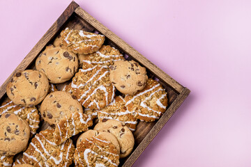 Variety of Tasty Homemade Cookies Box of Pastry Cookies Dessert Glass of Milk Top View Copy Space