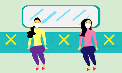 two people wearing mask sitting in subway distance for one seat from other people keep distance protect from COVID-19 viruses.

