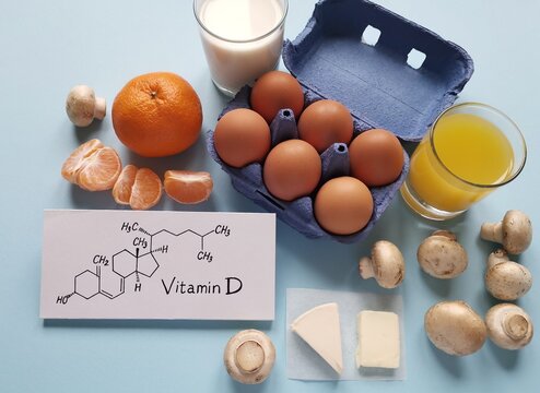 Foods high in vitamin D with structural chemical formula of vitamin D molecule. Natural sources of vitamin D: eggs, orange, orange juice, butter, cheese, mushroom, milk, margarine. Healthy foods.