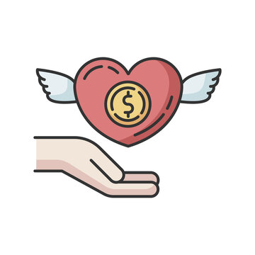 Participation in charity RGB color icon. Donate to foundation. Humanitarian aid. Financial support. Social service. Money contribution to organization. Free assistance. Isolated vector illustration