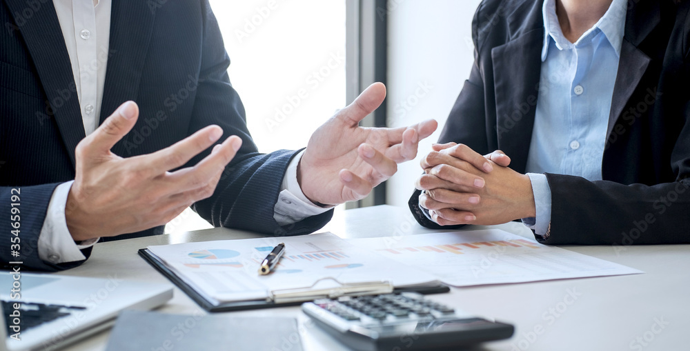 Aufkleber Business team colleagues discussing working analyzing with financial data and marketing growth report graph in team consultation to grow up profit, Meeting Talking Brainstorming Communication Concept
