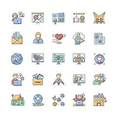 Pr marketing RGB color icons set. Brand image. Corporate identity. Company employment. Public relation. Investment in foundation. Communication and global network. Isolated vector illustrations