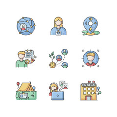 Networking RGB color icons set. Global networking. Corporate communication. Intern in company training. Promotion through local mass media. Successful investment. Isolated vector illustrations