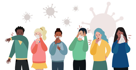 Fototapeta premium Group of infected people suffering from flu, cough, runny nose, headache. Vector men and women contaminated by virus and wearing medical masks. Coronavirus symptoms. COVID-19 pandemic.
