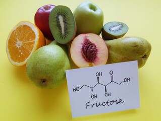 Structural chemical formula of fructose with fresh, low-fructose and high-fructose fruits. Fructose...