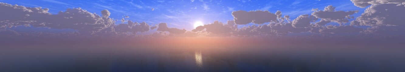 Sea sunset panorama, ocean sunrise, the sun among the clouds above the water, 3D rendering