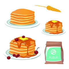 pancakes stack in a plate and flour with wheat set vector illustration
