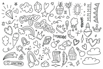 Unicorn and Magic Doodles. Cute unicorn and pony collection with magic items. Hand drawn line style. Vector doodles illustrations. © Selma