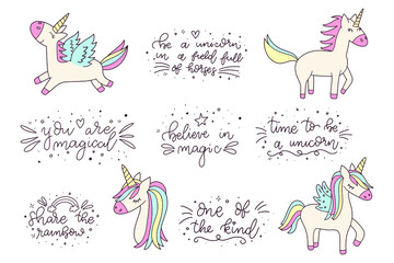 Unicorn and Magic Doodles. Cute unicorn and pony collection with magic items. Hand drawn line style. Vector doodles illustrations.