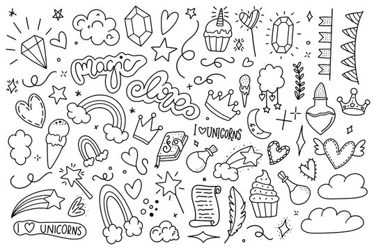 Unicorn and Magic Doodles. Cute unicorn and pony collection with magic items. Hand drawn line style. Vector doodles illustrations.