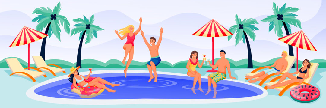 Young happy people on summer pool party. Vector flat cartoon characters illustration. Men, women in bikini and swimwear