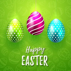 Happy Easter Vector Typography card with colored eggs on green seamless background for greeting card, ad, promotion, poster, flyer, web-banner, article, social media