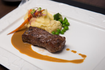 Beef steak eat with mash potato