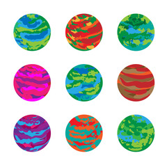 Set of colored planets. Fancy sphere with oceans, continents. Multicolor spherical celestial bodies.