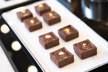brownie stack, closeup chocolate cake in plate