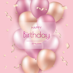 Pink balloons on happy birthday background. Happy Birthday greeting or invitation card with balloons, flags and foil confetti.