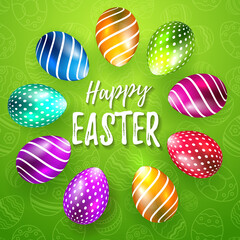 Happy Easter Vector Typography card with colored eggs on green seamless background for greeting card, ad, promotion, poster, flyer, web-banner, article, social media