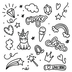 Unicorn and Magic Doodles. Cute unicorn and pony collection with magic items. Hand drawn line style. Vector doodles illustrations.