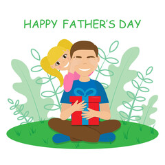Happy father's day. Dad and daughter. The daughter surprises her father and gives her a present. Vector flat illustration.